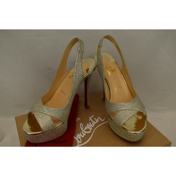 LOUBOUTIN POSTDAM 130 IVORY GOLD GLITTER LEATHER SLING BACK PLATFORM PUMPS 40.5 - Picture 7 of 12